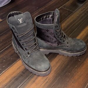 Louis Vuitton Black Suede & Monogram Combat Boots
